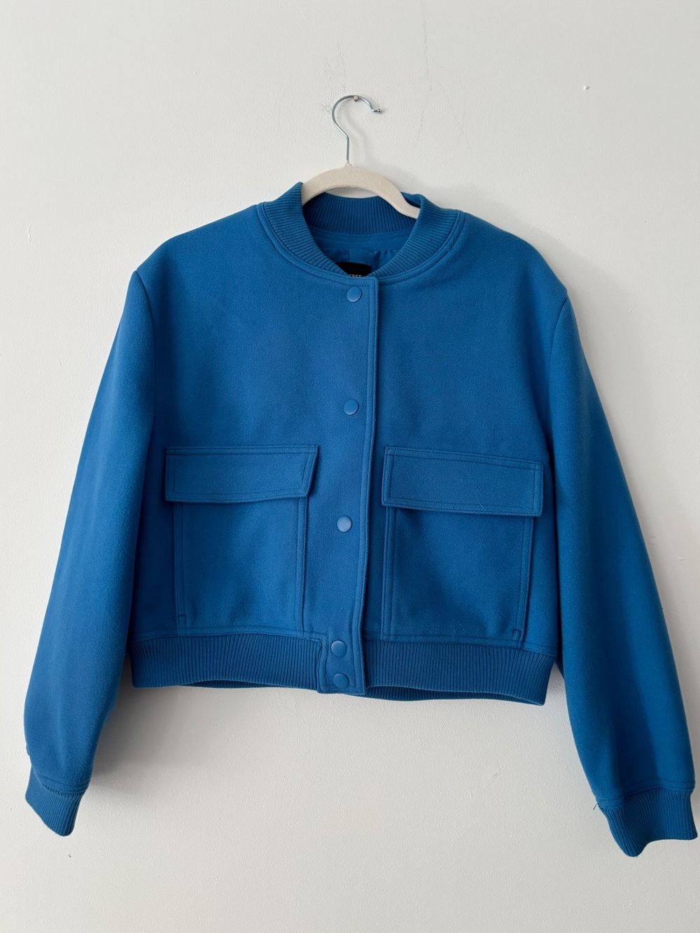 Love Tree Womens Cropped Bomber Jacket M Blue Snap Front Varsity Style Lined